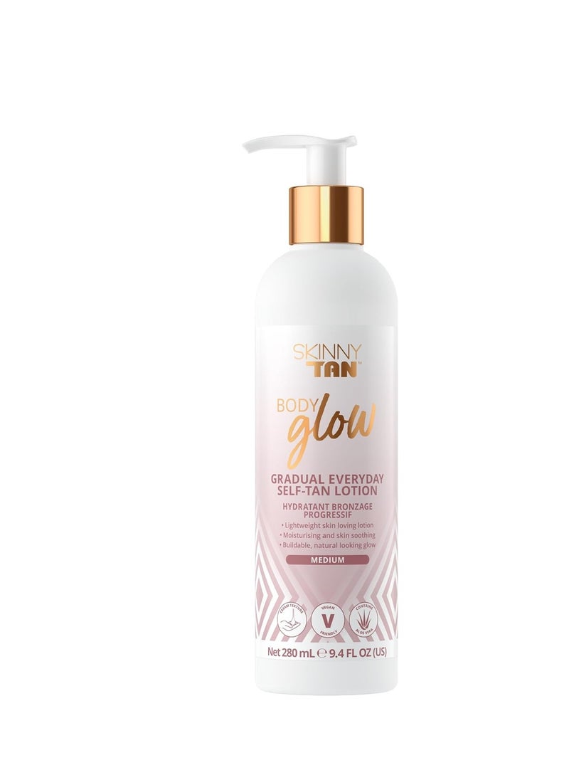 Skinny Tan Body Glow Gradual Tan Lotion - Lightweight, Fast-Absorbing Formula - Coconut and Vanilla Scent - Enriched with Aloe Vera and Guarana - Natural, Streak Free Gold Color - Medium - 9.4 oz