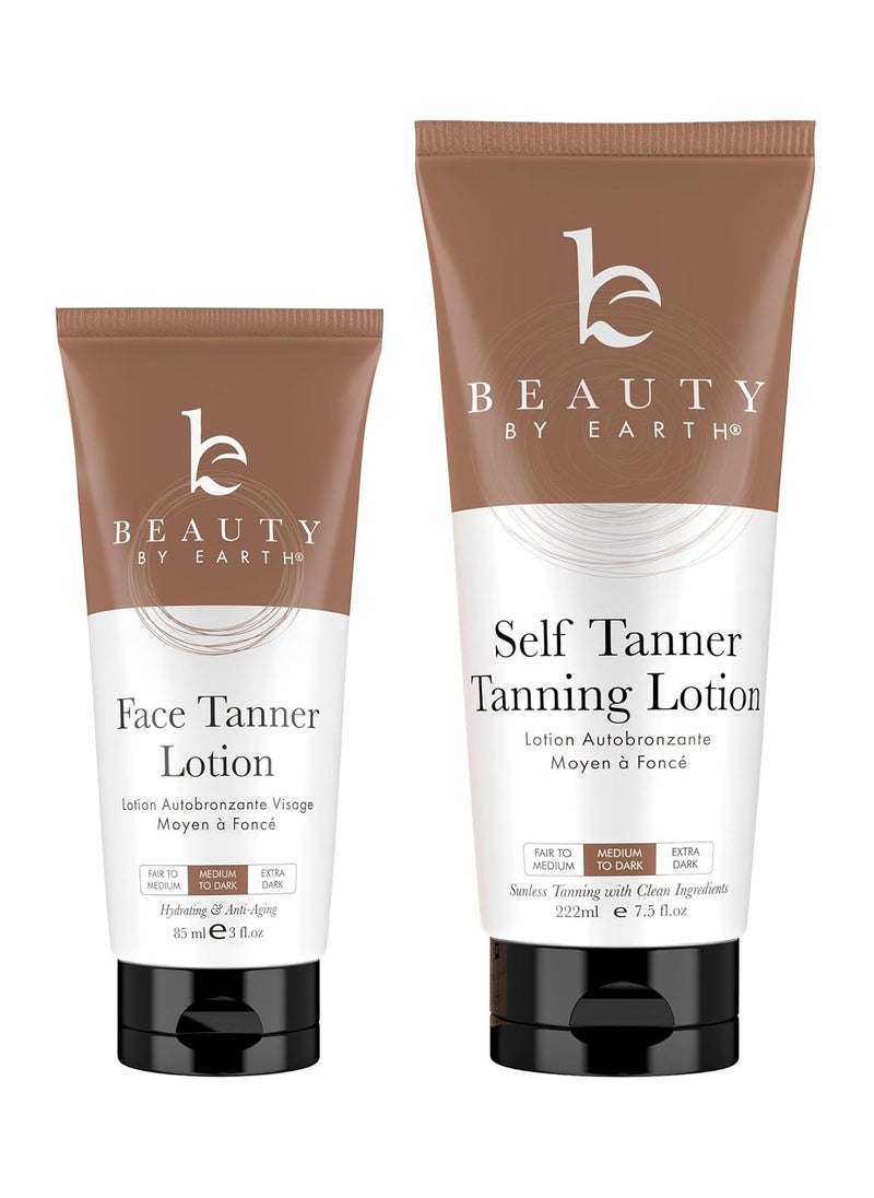 Self Tanner Face & Body - With Organic Aloe Vera & Shea Butter, Sunless Tanning Lotion, Bronzer Buildable Light, Medium or Dark Tan, Fake Tan Self Tanners Best Sellers, 7.5oz (body) 3oz (face)