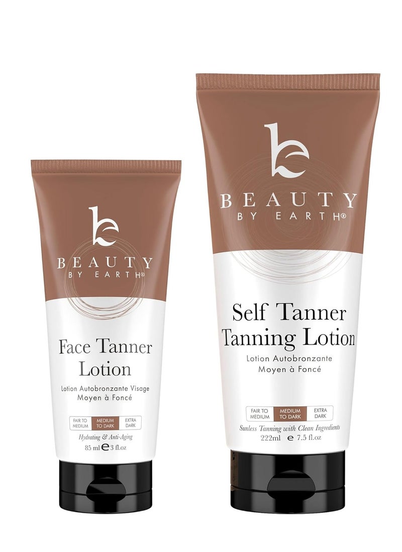 Self Tanner Face & Body - With Organic Aloe Vera & Shea Butter, Sunless Tanning Lotion, Bronzer Buildable Light, Medium or Dark Tan, Fake Tan Self Tanners Best Sellers, 7.5oz (body) 3oz (face)