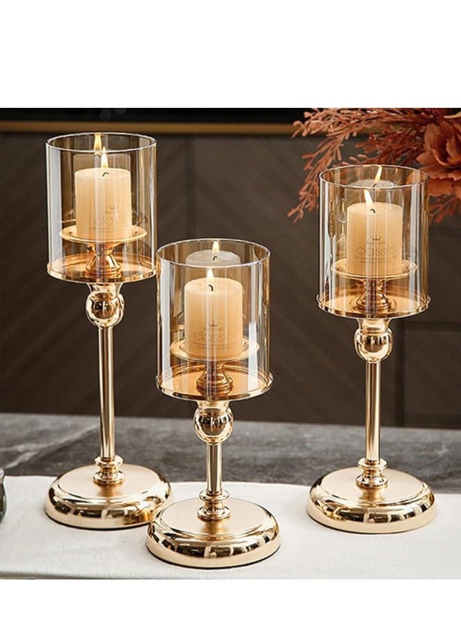 Gold Candlestick Holder Set – 3-Piece Hurricane Candle Stand with Glass Cover for Wedding and Party Table Decor