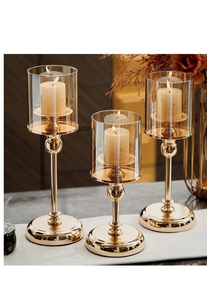 Gold Candlestick Holder Set – 3-Piece Hurricane Candle Stand with Glass Cover for Wedding and Party Table Decor