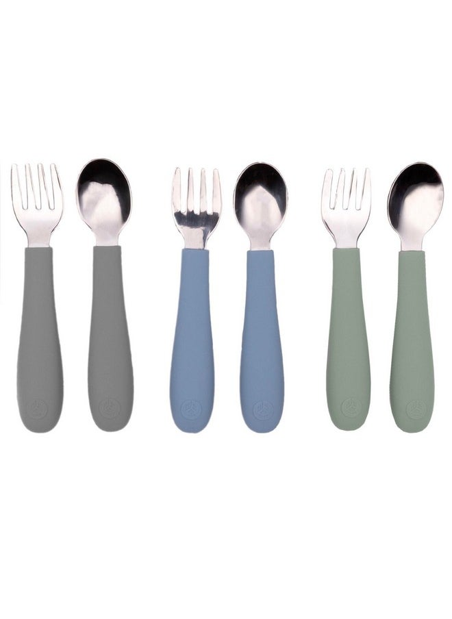 Toddler Utensils, 3 Forks & 3 Spoons, 18/8 Stainless Steel & Food Grade Silicone, Thick Easy-Grip Handles, Perfect Length For New Self Feeders, Gentle On Gums & Teeth, Dishwasher Safe