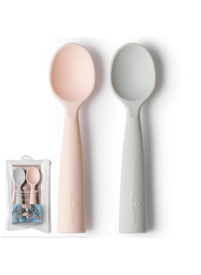 Silicone Baby Spoon For Training - Bpa Free Baby Utensils - Baby Spoons Self Feeding 6 Months | 100% Food Grade Silicone - Modern & Dishwasher Safe Toddler Spoons (Grey And Peach)