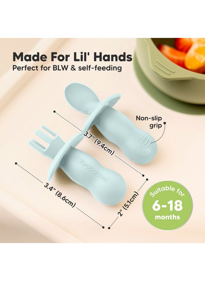 4-Pack Silicone Baby Spoons And Forks Set - Baby Spoon Self Feeding, Blw Baby Utensils 6-12 Months, Baby Led Weaning Feeding Spoon, Teething Infant Baby Food Training Pre Spoon (Pastel Sky)