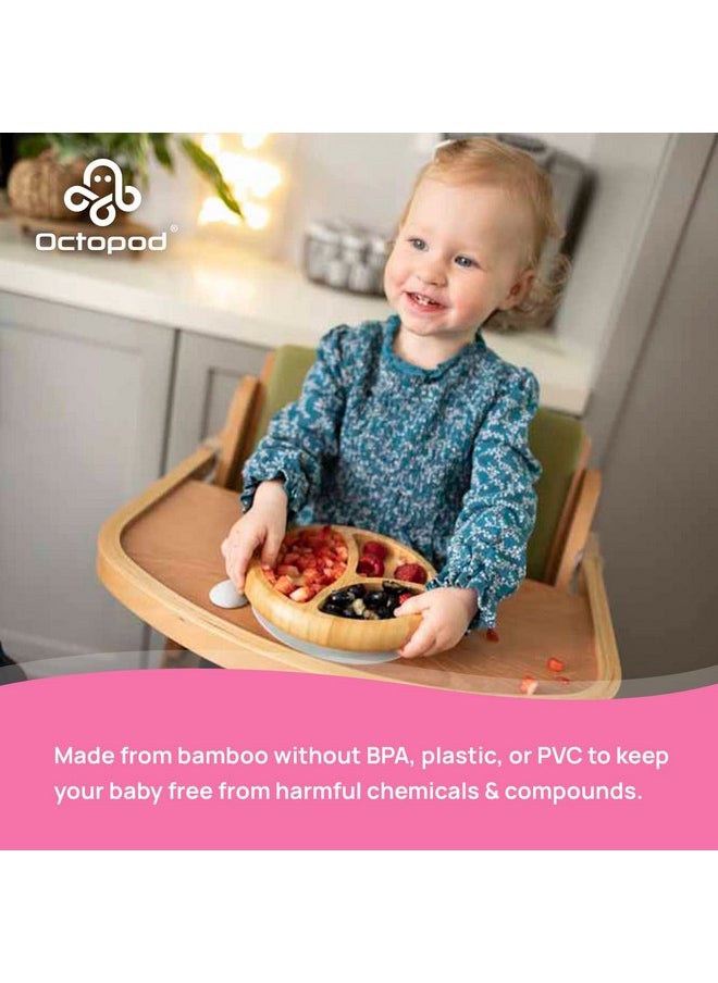 Octopod Bamboo Dish - Kids Plates For 4 Months And Up, 3-Compartment Baby Plates With Suction, Round Bamboo Baby Plate, Mess-Free Toddler Suction Plates, Baby Feeding Supplies, 7.5 X 7.5 X 1.9In