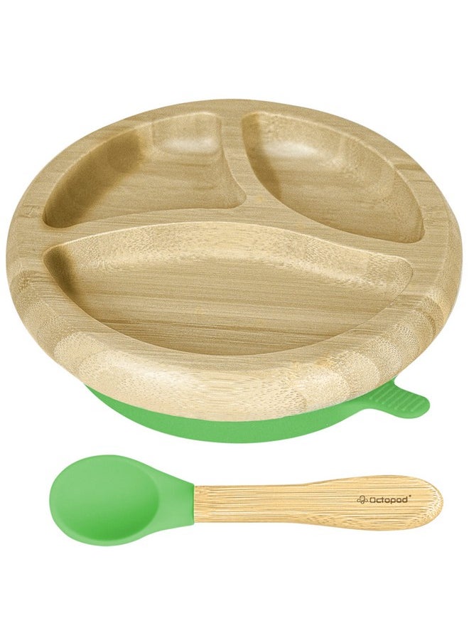 Octopod Bamboo Dish - Kids Plates For 4 Months And Up, 3-Compartment Baby Plates With Suction, Round Bamboo Baby Plate, Mess-Free Toddler Suction Plates, Baby Feeding Supplies, 7.5 X 7.5 X 1.9In