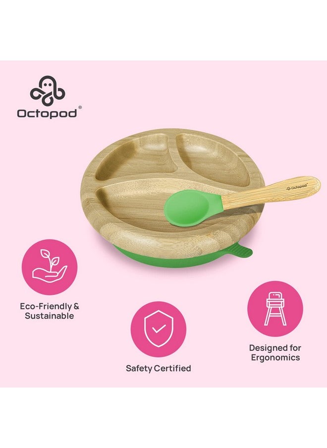 Octopod Bamboo Dish - Kids Plates For 4 Months And Up, 3-Compartment Baby Plates With Suction, Round Bamboo Baby Plate, Mess-Free Toddler Suction Plates, Baby Feeding Supplies, 7.5 X 7.5 X 1.9In