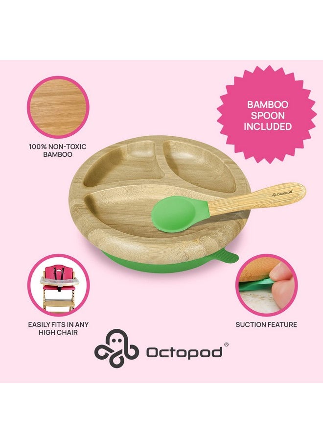 Octopod Bamboo Dish - Kids Plates For 4 Months And Up, 3-Compartment Baby Plates With Suction, Round Bamboo Baby Plate, Mess-Free Toddler Suction Plates, Baby Feeding Supplies, 7.5 X 7.5 X 1.9In