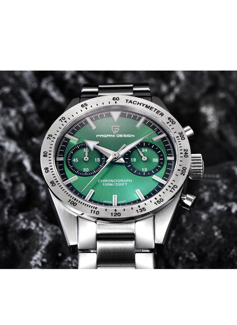 Men's Luxury Chronograph Quartz Watches, Stainless Steel 40MM Case, VK64 Quartz Movement, Sports Waterproof, Stainless Steel Strap, Dark Green Dial Fashion Casual PD1766