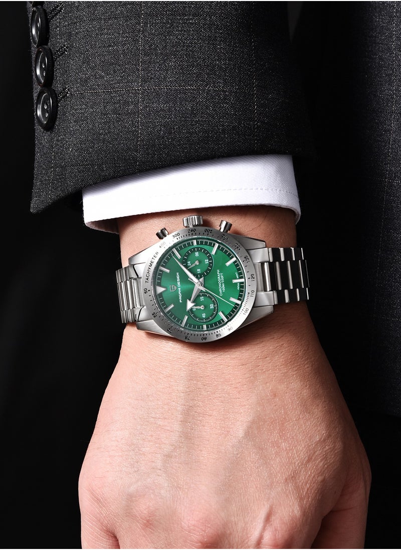 Men's Luxury Chronograph Quartz Watches, Stainless Steel 40MM Case, VK64 Quartz Movement, Sports Waterproof, Stainless Steel Strap, Dark Green Dial Fashion Casual PD1766