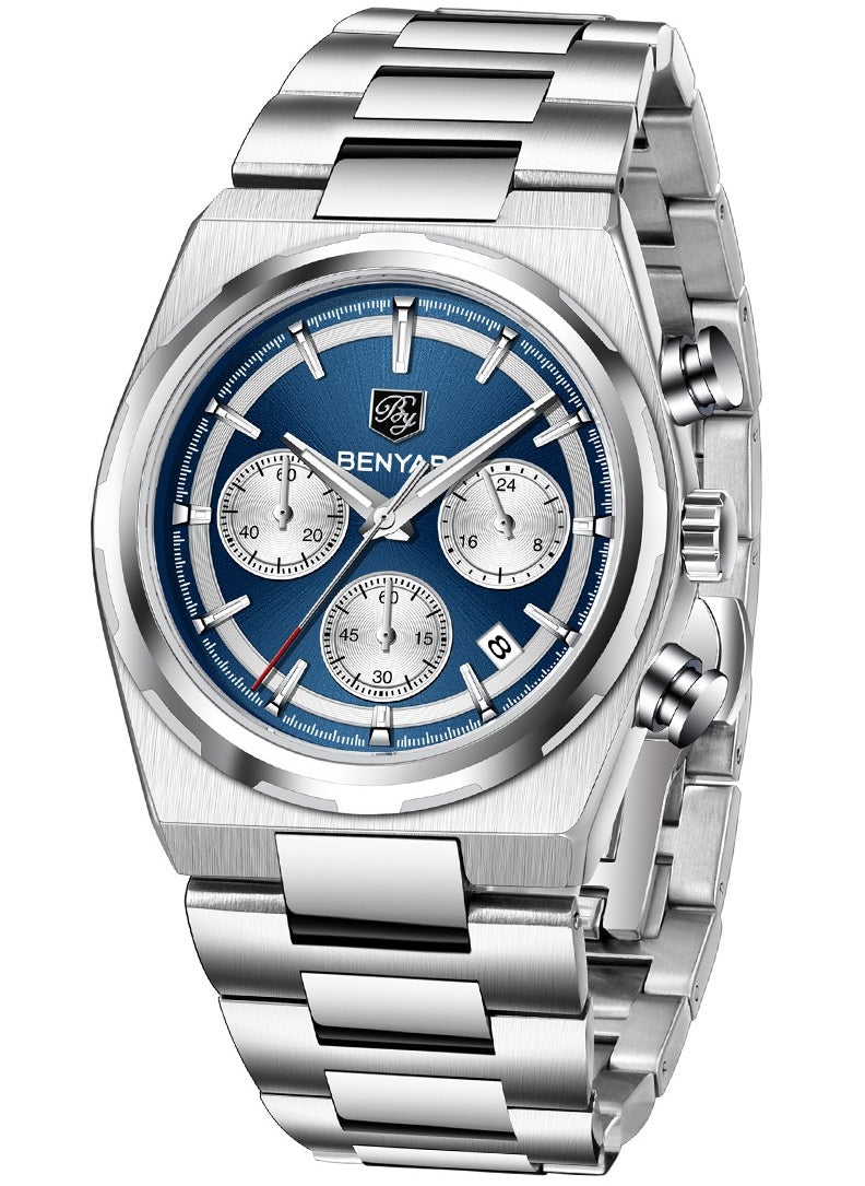 Men's Luxury Quartz Watches, 40MM Stainless Steel Waterproof Frame, Chronograph, Luminous Hands, Silver Blue Dial, Stainless Steel Strap BY-5204