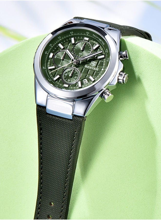 Men's Luxury Quartz Watches, 42MM Stainless Steel Waterproof Frame, Date Display, Luminous Hands, Chronograph, Silver Green Dial, Leather Strap, Fashionable And Elegant, BY-5206