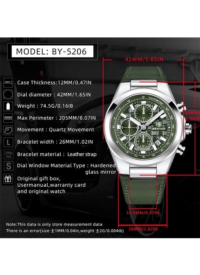 Men's Luxury Quartz Watches, 42MM Stainless Steel Waterproof Frame, Date Display, Luminous Hands, Chronograph, Silver Green Dial, Leather Strap, Fashionable And Elegant, BY-5206