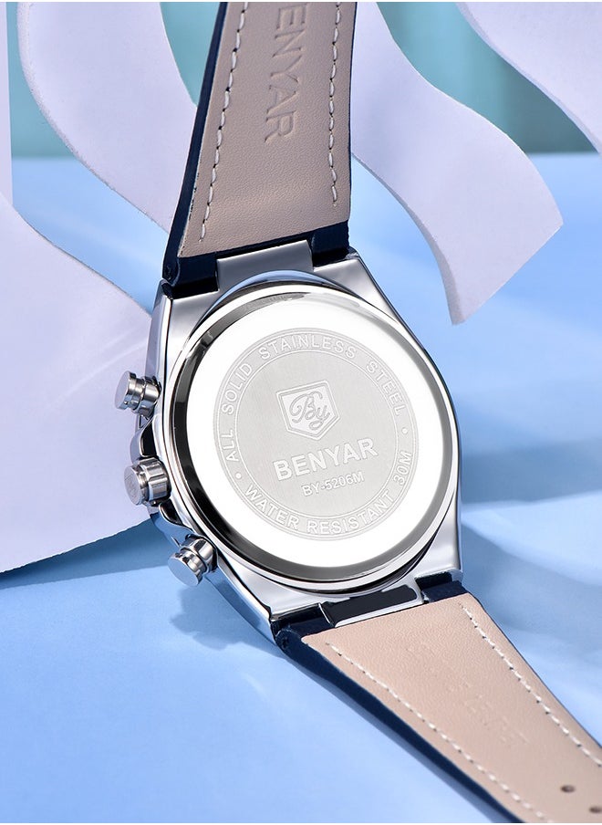 Men's Luxury Quartz Watches, 42MM Stainless Steel Waterproof Frame, Date Display, Luminous Hands, Chronograph, Silver Green Dial, Leather Strap, Fashionable And Elegant, BY-5206