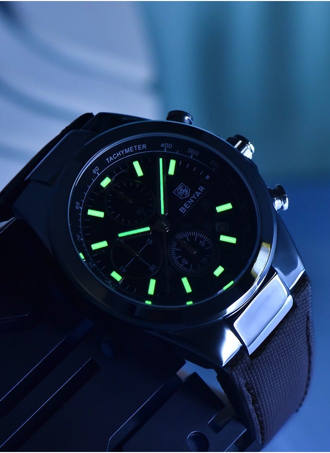 Men's Luxury Quartz Watches, 42MM Stainless Steel Waterproof Frame, Date Display, Luminous Hands, Chronograph, Silver Green Dial, Leather Strap, Fashionable And Elegant, BY-5206