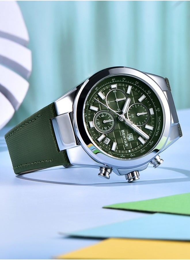 Men's Luxury Quartz Watches, 42MM Stainless Steel Waterproof Frame, Date Display, Luminous Hands, Chronograph, Silver Green Dial, Leather Strap, Fashionable And Elegant, BY-5206