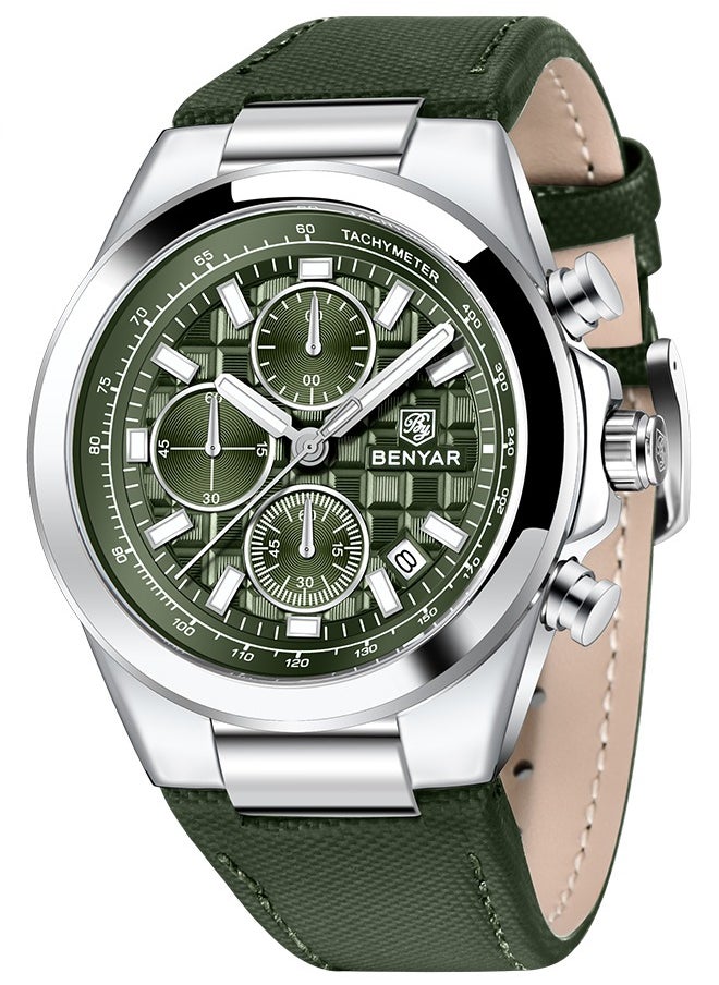 Men's Luxury Quartz Watches, 42MM Stainless Steel Waterproof Frame, Date Display, Luminous Hands, Chronograph, Silver Green Dial, Leather Strap, Fashionable And Elegant, BY-5206