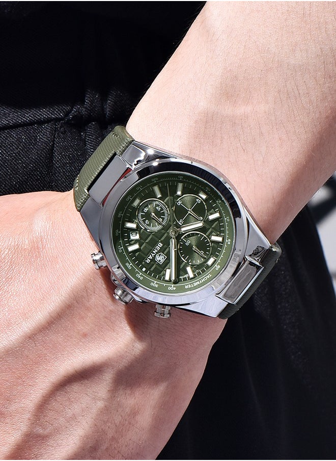 Men's Luxury Quartz Watches, 42MM Stainless Steel Waterproof Frame, Date Display, Luminous Hands, Chronograph, Silver Green Dial, Leather Strap, Fashionable And Elegant, BY-5206