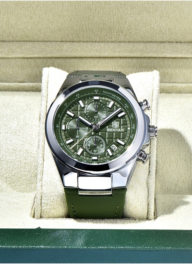 Men's Luxury Quartz Watches, 42MM Stainless Steel Waterproof Frame, Date Display, Luminous Hands, Chronograph, Silver Green Dial, Leather Strap, Fashionable And Elegant, BY-5206