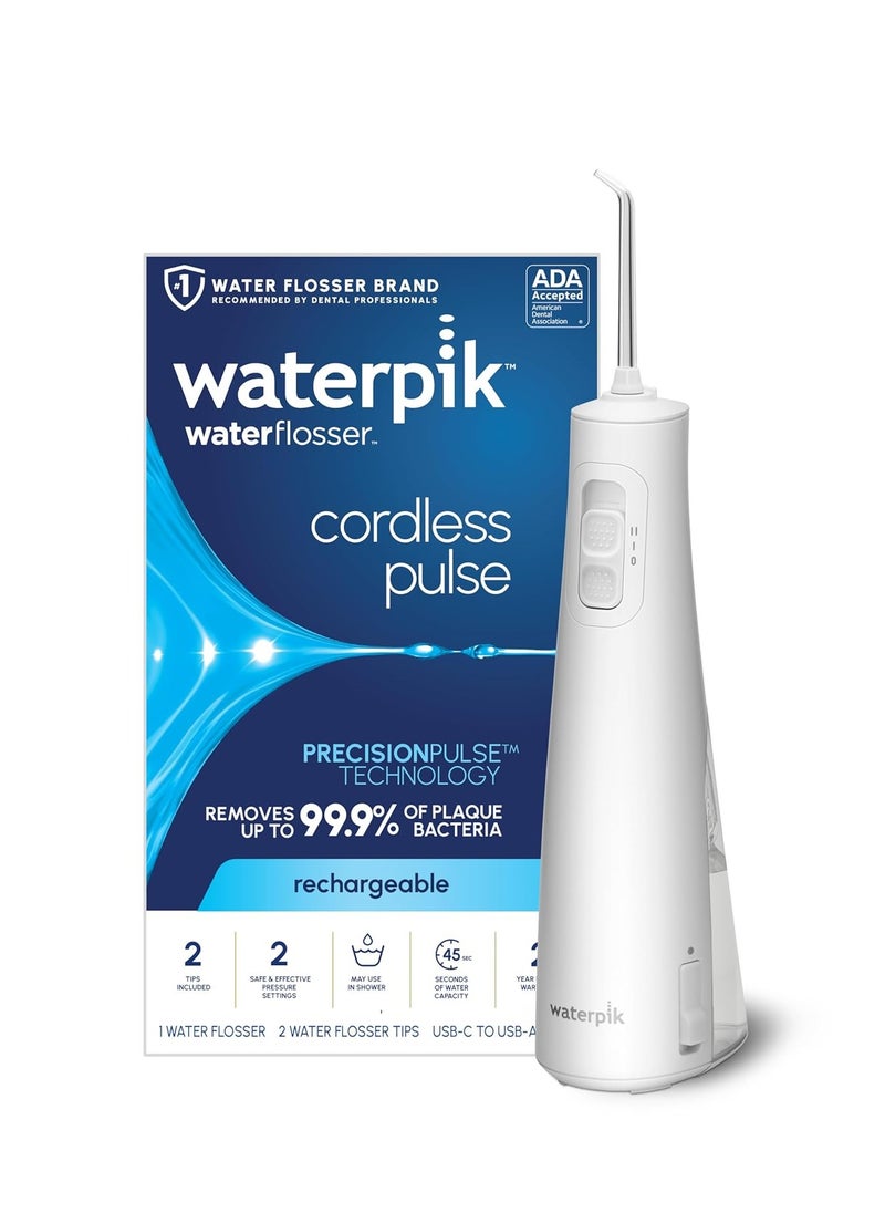 Waterpik Cordless Pulse Rechargeable Portable Water Flosser for Teeth, Gums, Braces Care and Travel with 2 Flossing Tips, Waterproof, ADA Accepted, WF-20 White, Packaging May Vary