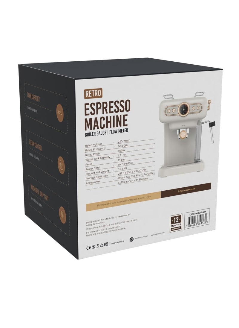 Retro Espresso Coffee Machine Boiler Gauge And Milk Steamer 15 Bar Pressure Pump Cup Warmer Washable Drip Tray Boiler Gauge Steam Control 1.2L Tank Capacity 950W Coffee Maker