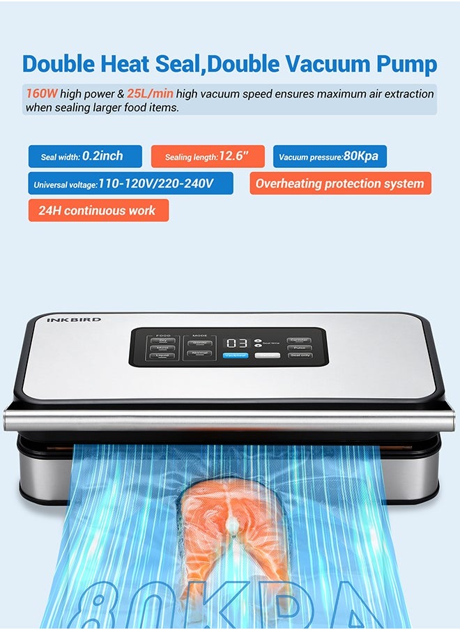 INKBIRD Home Food Vacuum Sealer Machine INK-VS04 with Starter Kit, Dual Motor, Dual Pump, Multiple Functions, Countdown LED, Built-in Cutter and Bag Storage, with Overheat Protection