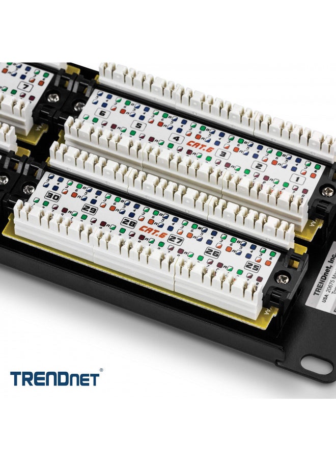 TRENDnet 48-Port Cat6 Unshielded Patch Panel, Wallmount or Rackmount, Compatible with Cat3,4,5,5e,6 Cabling, For Ethernet, Fast Ethernet, Gigabit Applications, Black, TC-P48C6