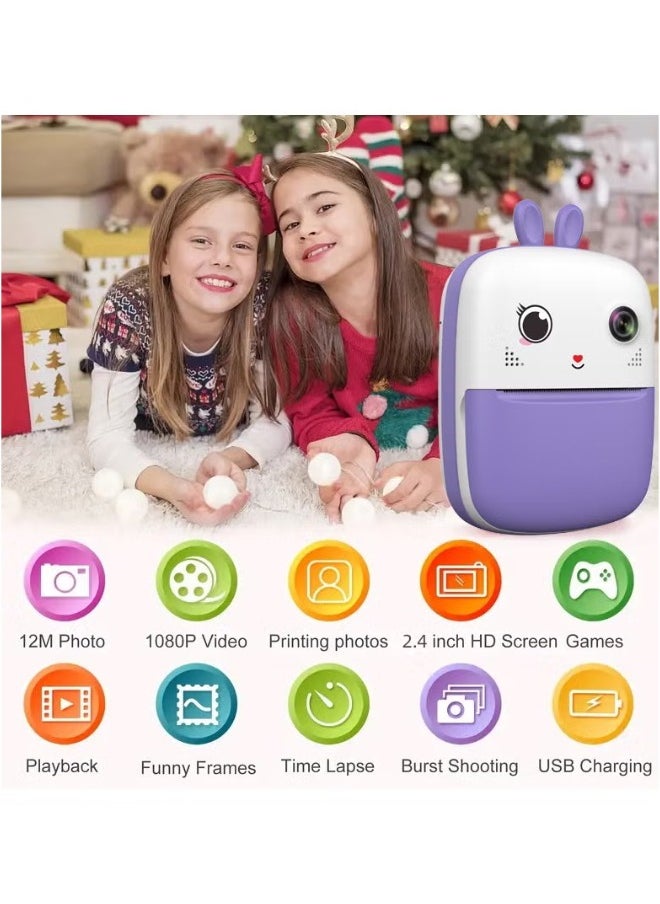 Kids Camera, 1080P Instant Printing Dual Camera, Photo Video, 2.4 Inch IPS LCD Screen, Built-in 1800mAh Battery, 32G TF Card, Birthday Festival Gift for Kids