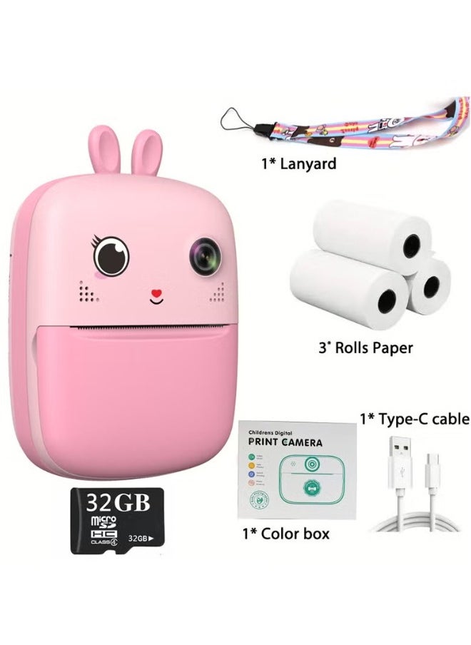 Kids Camera, 1080P Instant Printing Dual Camera, Photo Video, 2.4 Inch IPS LCD Screen, Built-in 1800mAh Battery, 32G TF Card, Birthday Festival Gift for Kids