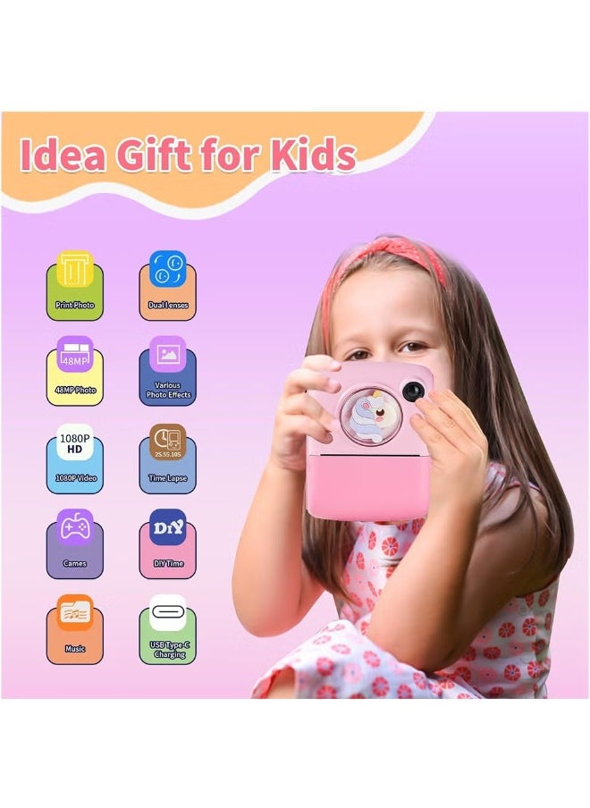 Kids Camera Instant Print Toys for Girls Ages 6to12 Mini Camera with Zero Ink Print Paper, Birthday Gift Toys 1080P Video Camera For Children Outdoor Portable Toy for Girls 6to12 Year Old