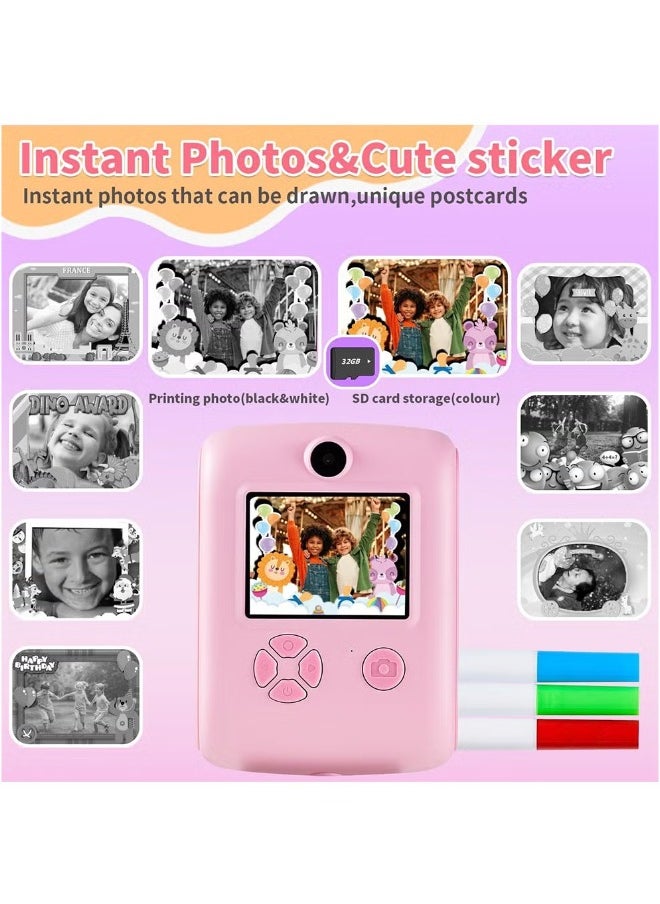 Kids Camera Instant Print Toys for Girls Ages 6to12 Mini Camera with Zero Ink Print Paper, Birthday Gift Toys 1080P Video Camera For Children Outdoor Portable Toy for Girls 6to12 Year Old