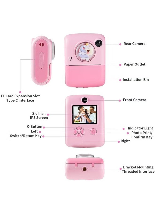 Kids Camera Instant Print Toys for Girls Ages 6to12 Mini Camera with Zero Ink Print Paper, Birthday Gift Toys 1080P Video Camera For Children Outdoor Portable Toy for Girls 6to12 Year Old