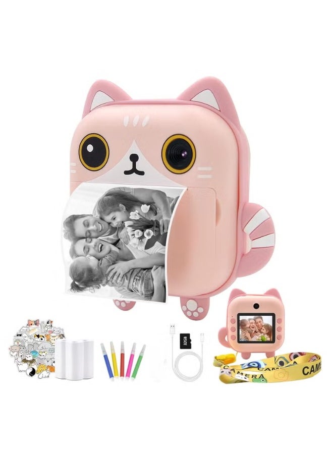 Product Title: 48MP Children's Camera with Instant Print, Cat-Shaped Design, 2.4-inch Screen, Dual Lens, 1080P HD Video, 32GB TF Card – Perfect Gift for Kids Ages 3-14 (Pink)