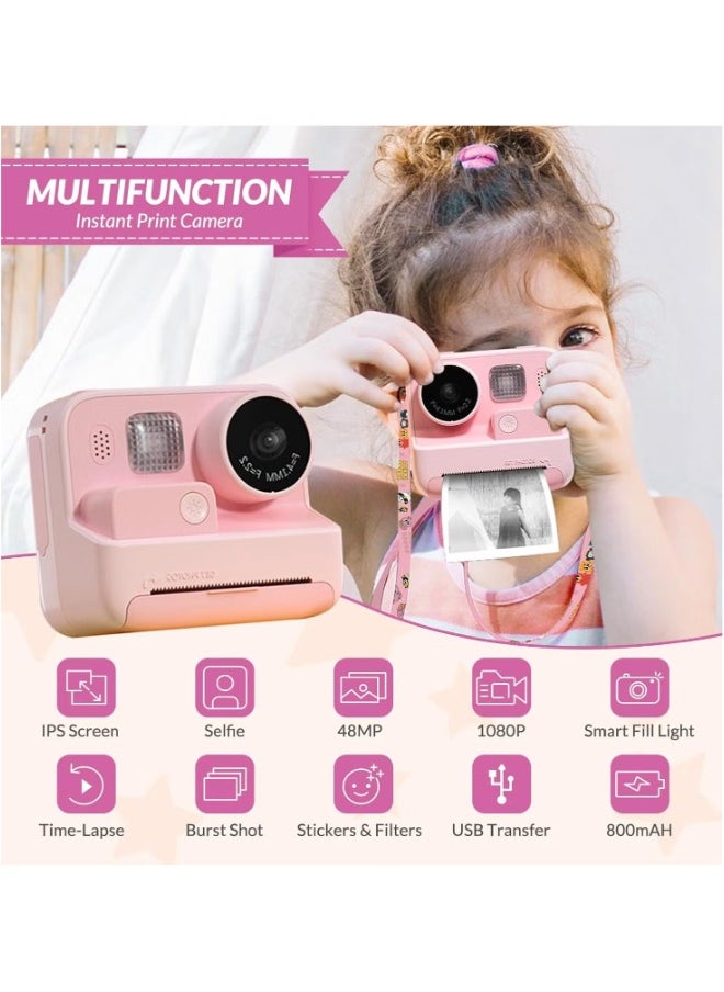 Mafiti Kids Instant Print Camera - 48MP, Zero Ink, and Selfie Mode (Pink)