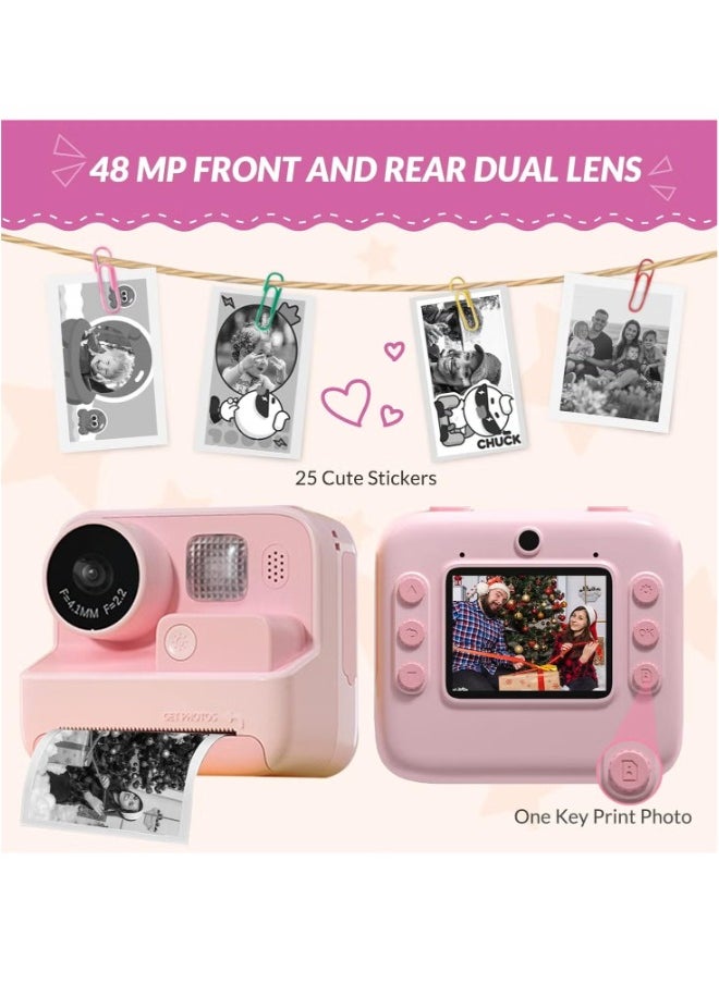 Mafiti Kids Instant Print Camera - 48MP, Zero Ink, and Selfie Mode (Pink)