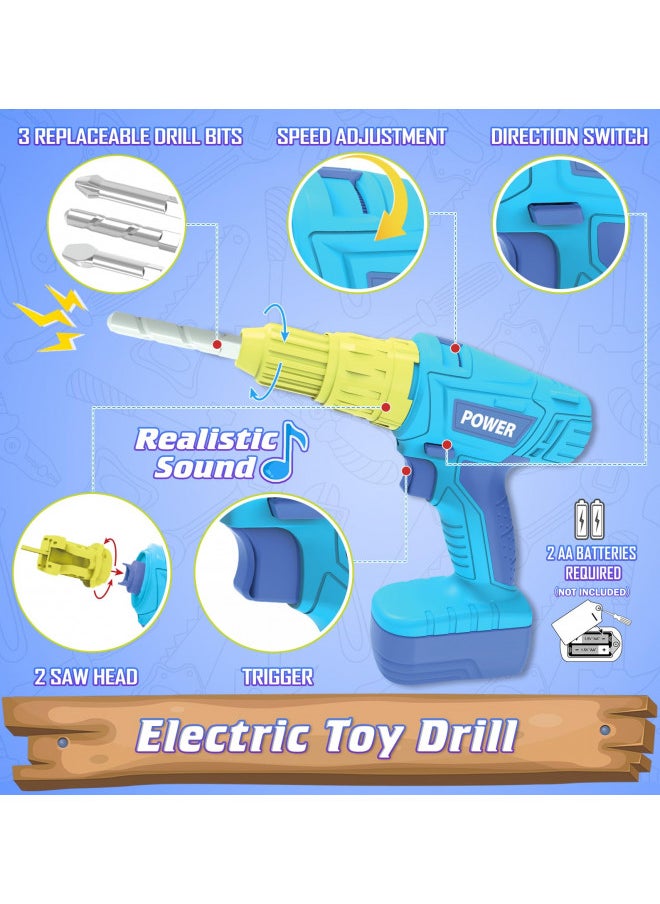 WishaLife Tool Set - with Toy Chainsaw, Electric Toy Drill, Pretend Play Construction Tools Toy Gifts for Kids Toddlers Boys Girls Ages 3 4 5 6 7 8 Year Old