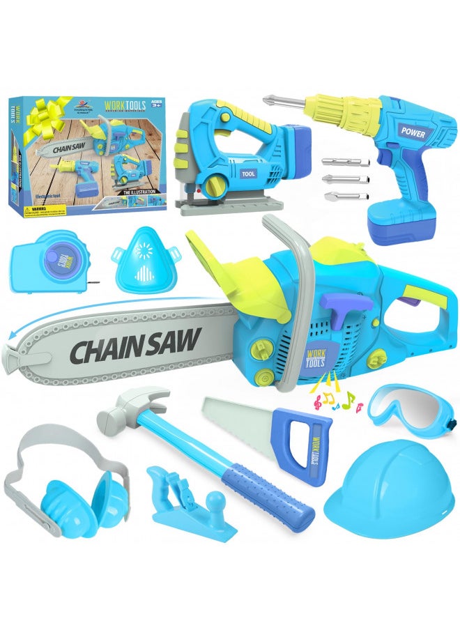 WishaLife Tool Set - with Toy Chainsaw, Electric Toy Drill, Pretend Play Construction Tools Toy Gifts for Kids Toddlers Boys Girls Ages 3 4 5 6 7 8 Year Old