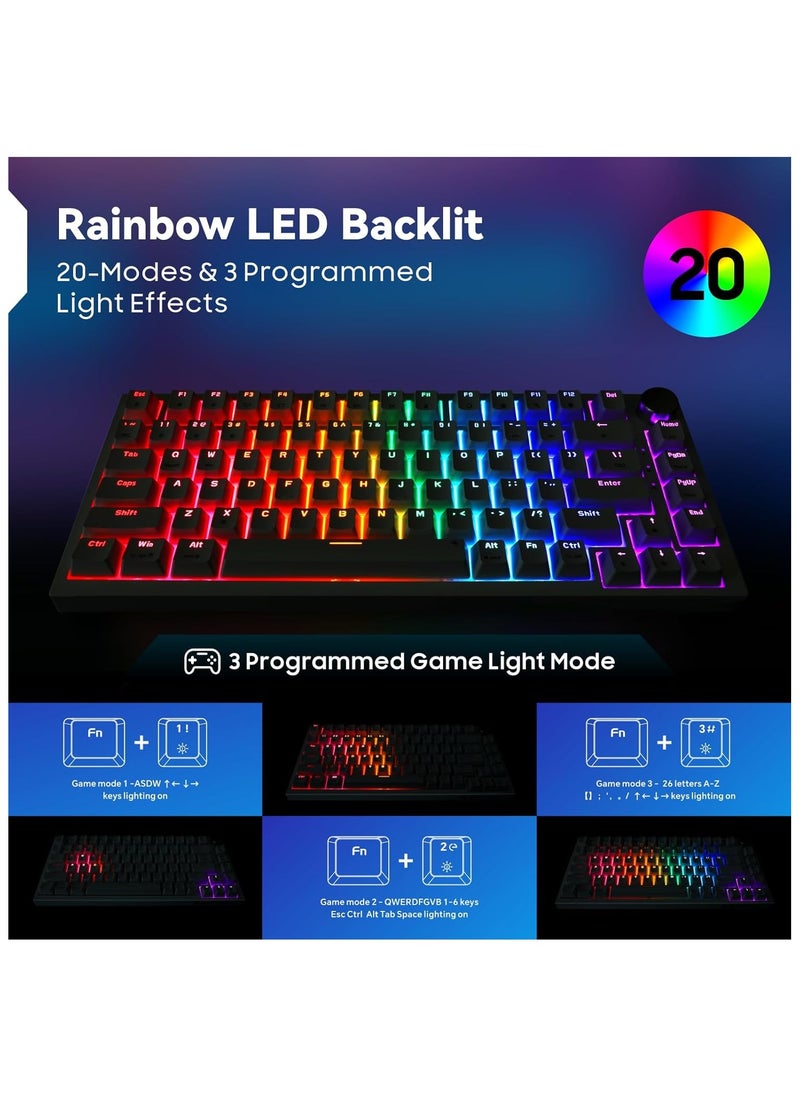 Baytion 75% Compact Mechanical Gaming Keyboard, 82 Keys with Rainbow LED Backlight, Wired Anti-Ghosting Keyboard with Knob, White (Red Switches)