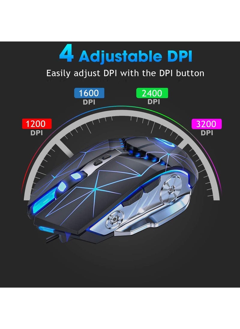 Gaming Mouse USB Wired RGB Backlit Silent Click Gamer Mouse with 4 Adjustable DPI Up to 3200, Comfortable Grip Ergonomic Optical Gaming Mice for Laptop PC Gamer Computer