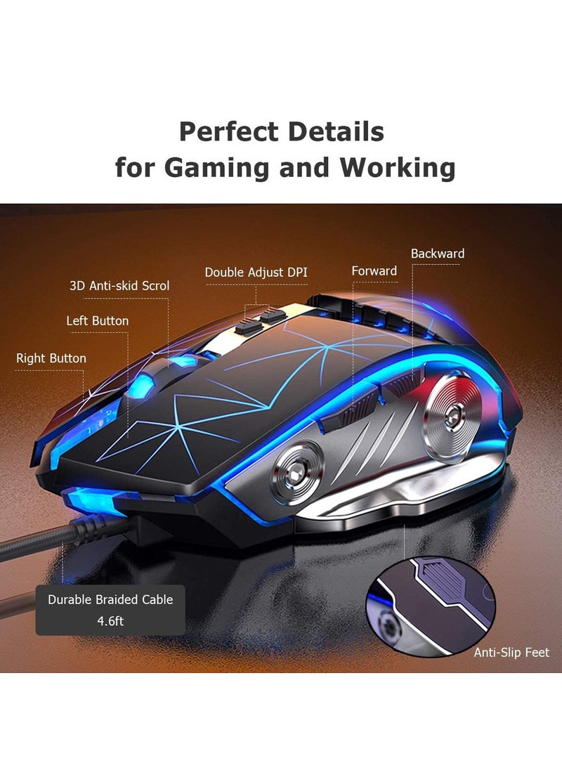 Gaming Mouse USB Wired RGB Backlit Silent Click Gamer Mouse with 4 Adjustable DPI Up to 3200, Comfortable Grip Ergonomic Optical Gaming Mice for Laptop PC Gamer Computer