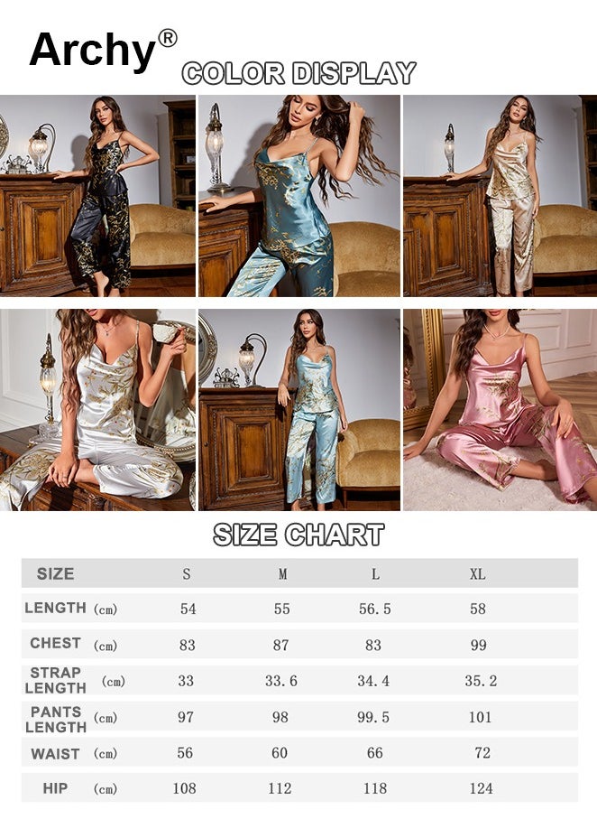 2-Piece Women's Floral Print Silky Pajama Set Cowl Neck Backless Cami Top & Pants Elegant Satin Pajama Sets Sleeveless Long Pants Comfortable Cooling Fabric Suspender Pyjamas Suit for Women