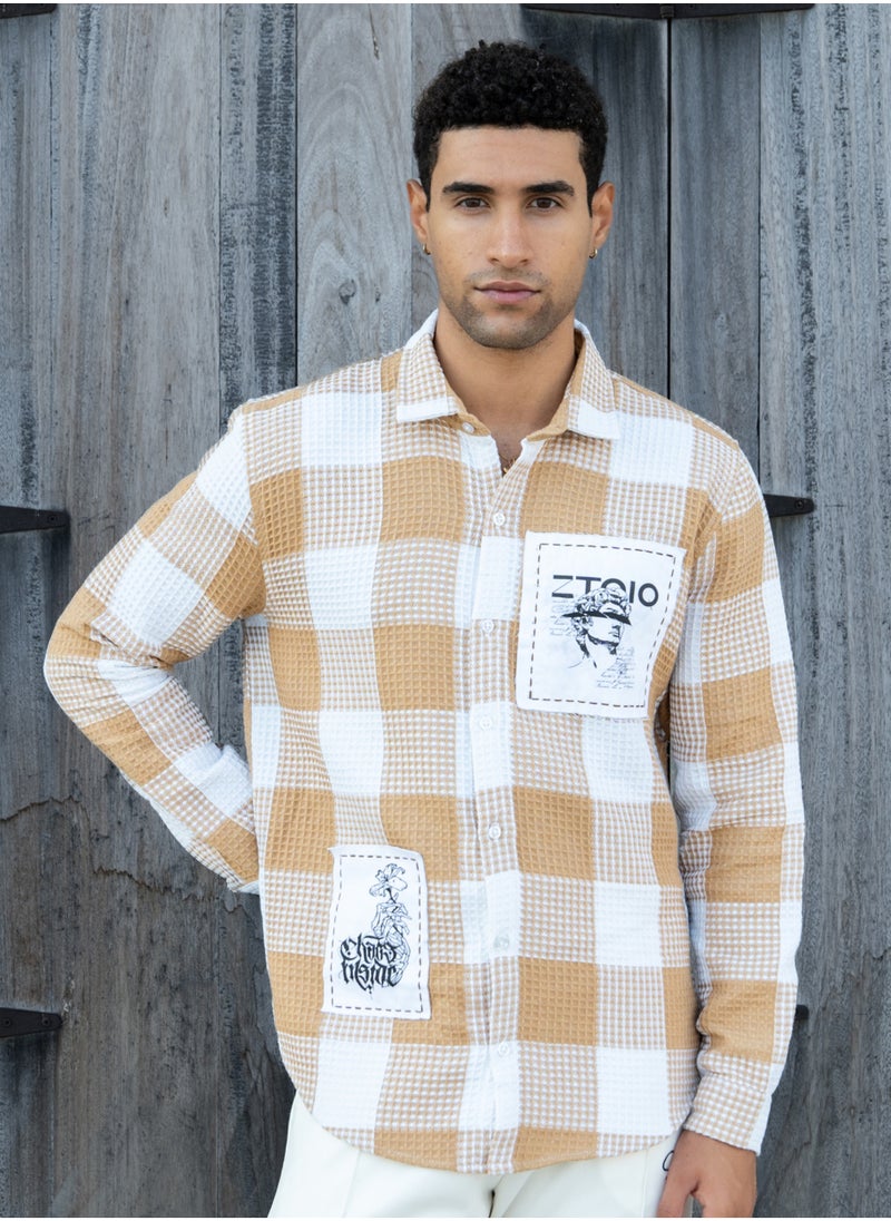 ZTOIQ Tapestry Waffle Check Regular Men’s Shirt with Applique Work