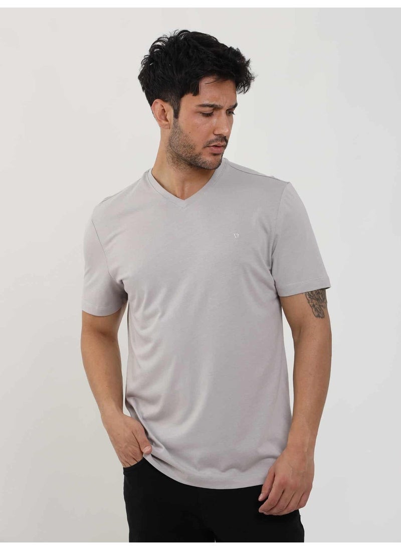 Gray Melange Men's Slim Fit Plain V-Neck Tshirt - 105648