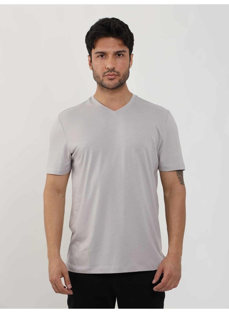 Gray Melange Men's Slim Fit Plain V-Neck Tshirt - 105648