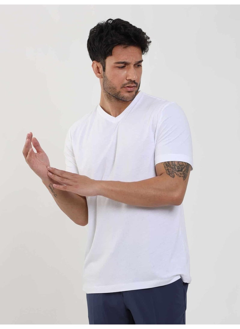 White Men's Slim Fit Plain V-Neck Tshirt - 105558