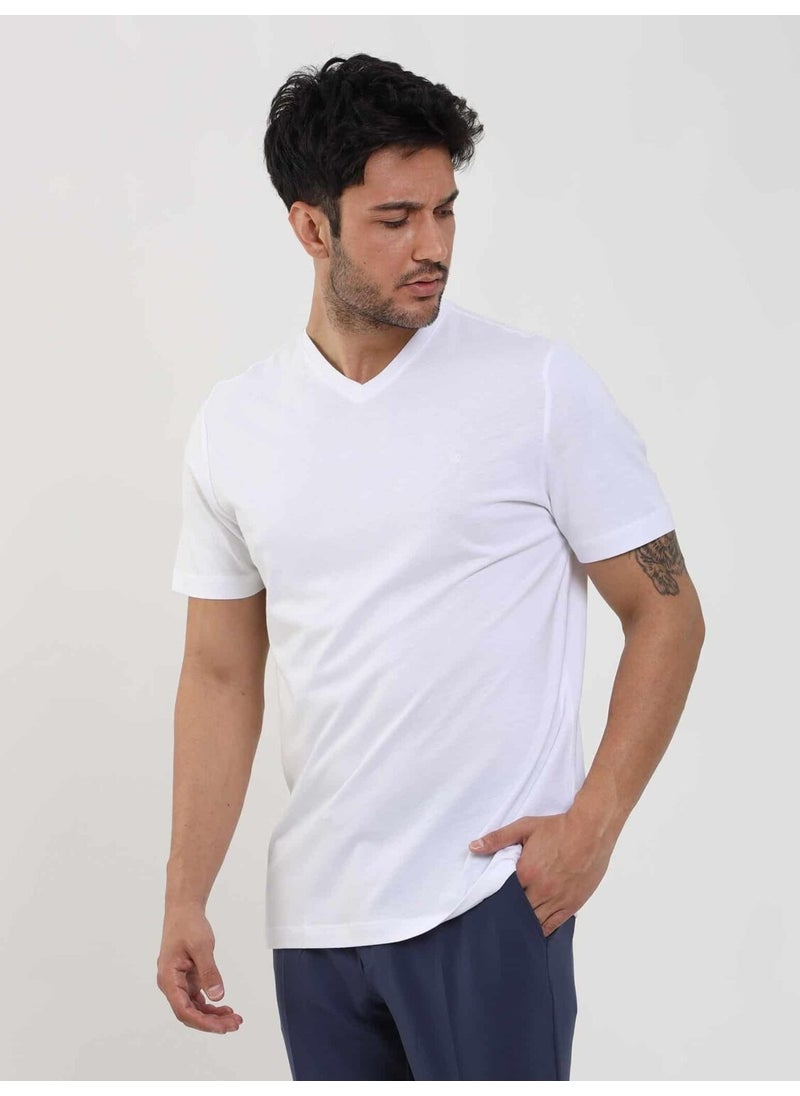 White Men's Slim Fit Plain V-Neck Tshirt - 105558