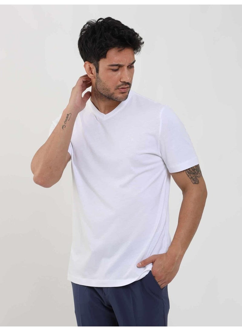 White Men's Slim Fit Plain V-Neck Tshirt - 105558