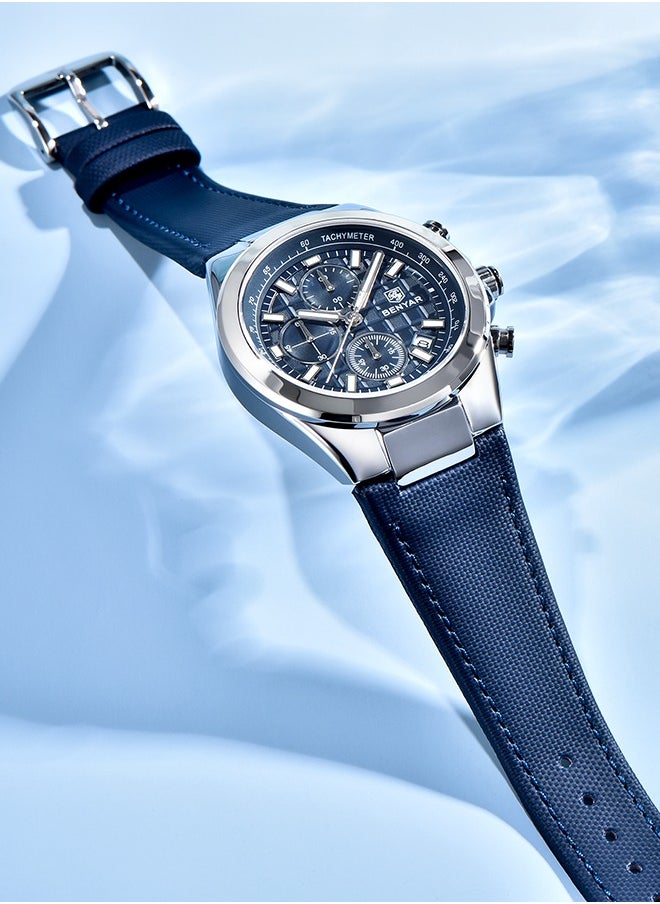 Men's Luxury Quartz Watches, 42MM Stainless Steel Waterproof Frame, Date Display, Luminous Hands, Chronograph, Silver Blue Dial, Leather Strap, Fashionable And Elegant, BY-5206