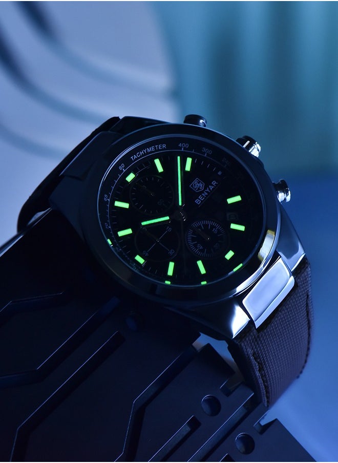 Men's Luxury Quartz Watches, 42MM Stainless Steel Waterproof Frame, Date Display, Luminous Hands, Chronograph, Silver Blue Dial, Leather Strap, Fashionable And Elegant, BY-5206
