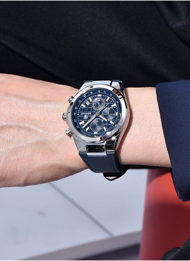 Men's Luxury Quartz Watches, 42MM Stainless Steel Waterproof Frame, Date Display, Luminous Hands, Chronograph, Silver Blue Dial, Leather Strap, Fashionable And Elegant, BY-5206